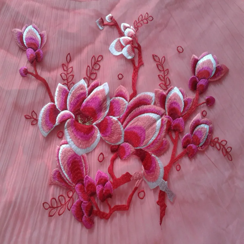 

High Quality Applique Pink Embroidery Flower Organza Fabric Large Patch African Lace Guipure Sticker Cloth Dress Accessory Sew