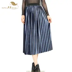 SISHION длинная юбка 2018 новая осень-зима металлик высокой талией женские эластичные бархатные юбка черный зеленый плиссированная юбка VD0911