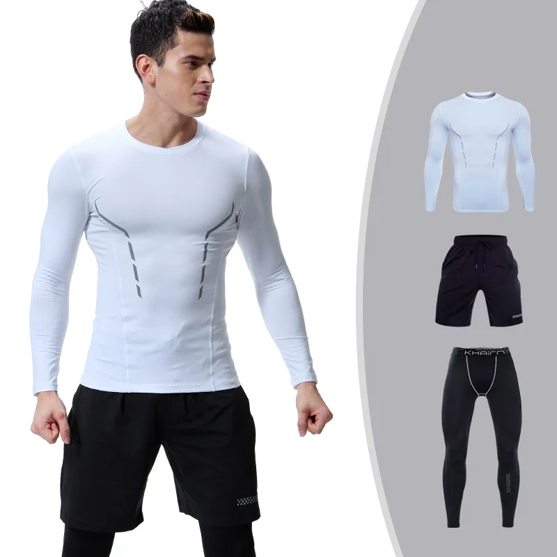 Мужская компрессионная спортивная одежда, набор для бега, дышащий Быстросохнущий дизайн, тренировочные костюмы для бега, тренировочные костюмы для спортзала - Цвет: White-02