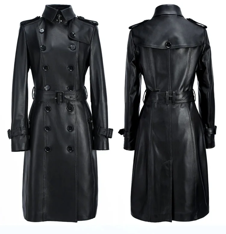 

2017 Runway Black/Khika/Redwine/Beige 100 Genuine Lambskin Womens Leather Trench Coat Double Breasted Buttons And Waist Belt