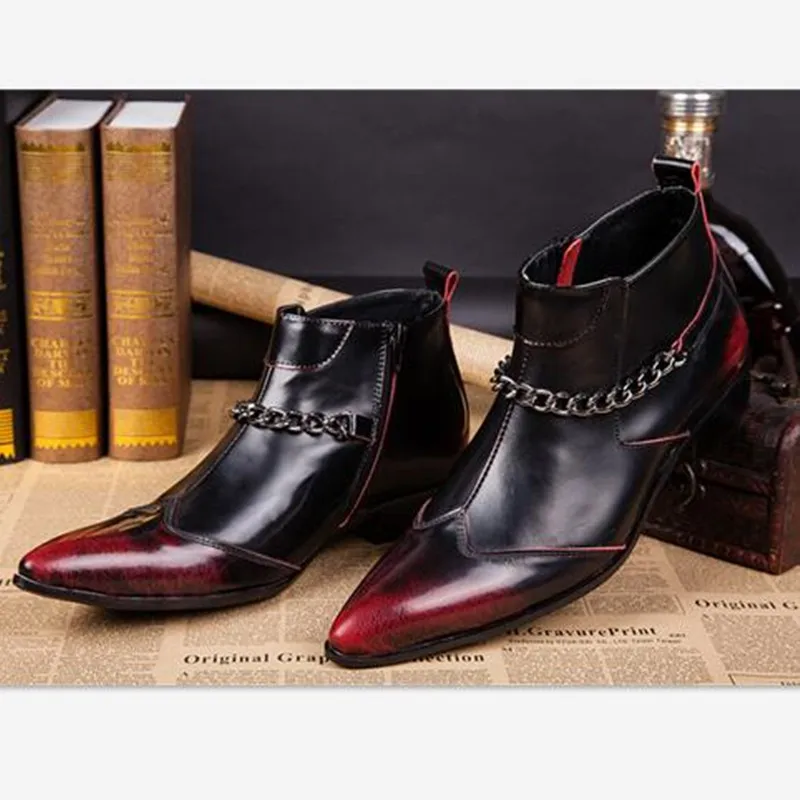 

New Arrival Korean Style Pointed Toe Red Black Mixed Color Man Wedding shoes Genuine Leather Ankle Metal Chain Design Boots Men