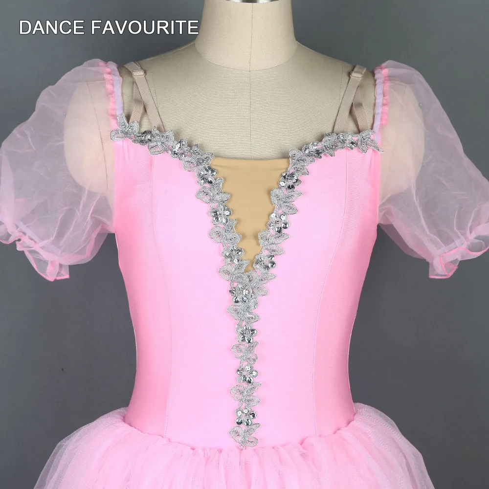 Розовая романтическая балетная пачка с пышными рукавами для девочек и женщин, одежда для танцоров для выступлений, балетная пачка высокого качества, балетная пачка