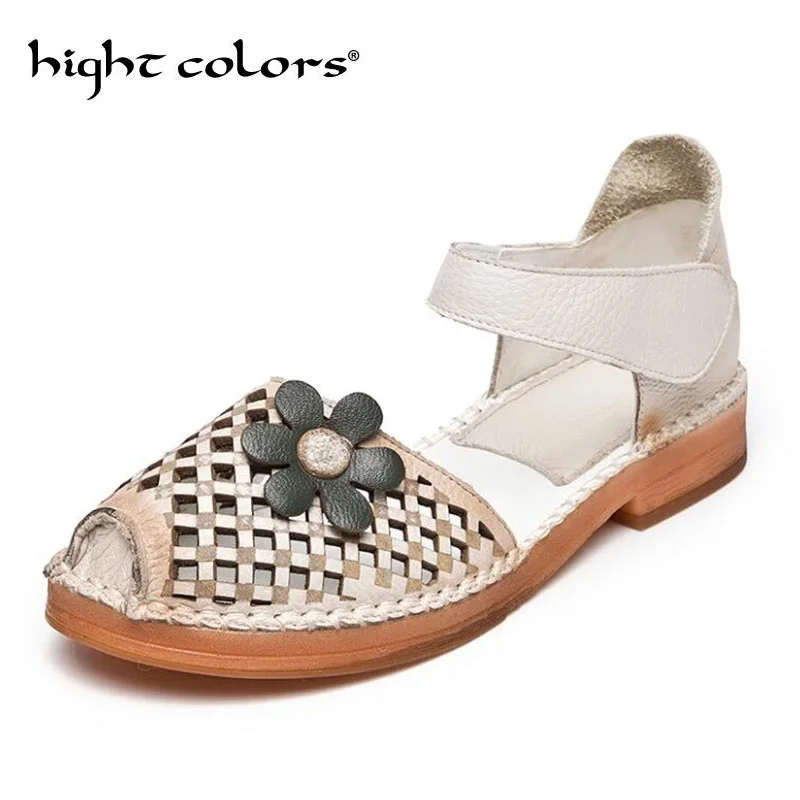

Summer Sandals Female Genuine Leather Non-slip Flat Hollow Breathable Comfortable Soft Bottom Retro Handmade Shoes Woman