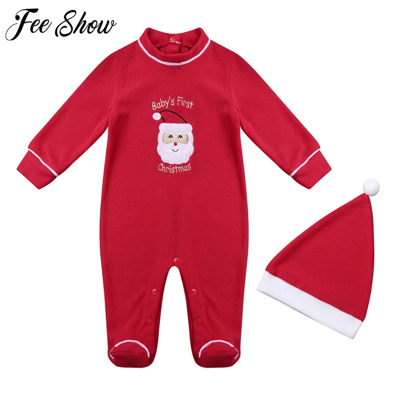 

christmas clothes Toddlers Xmas Embroidered Letters Infant Baby First Chiristmas Santa Claus Applique Rompers Coverall with Hat