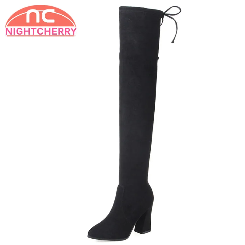 

NIGHTCHERRY Size 31-42 Women Real Leather Elastic High Heel Boots Cross Strap Over Knee Boots Winter Shoes Warm Women Footwear