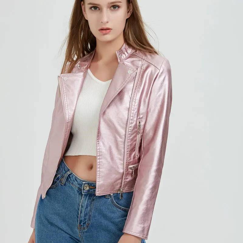 

2018 New Autumn Winter Women Motorcycle Shining Faux Leather Jackets Lady Metal Color Biker Zipper Slim Fit PU Coats Outerwear