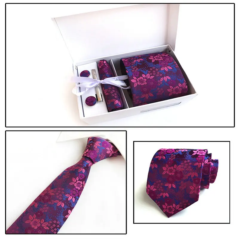 

Elegant Men Jacquard Floral Business Wedding Bar Pin Neck Tie Clips Cufflink Hanky Pocket Square Box Handkerchief Necktie Set