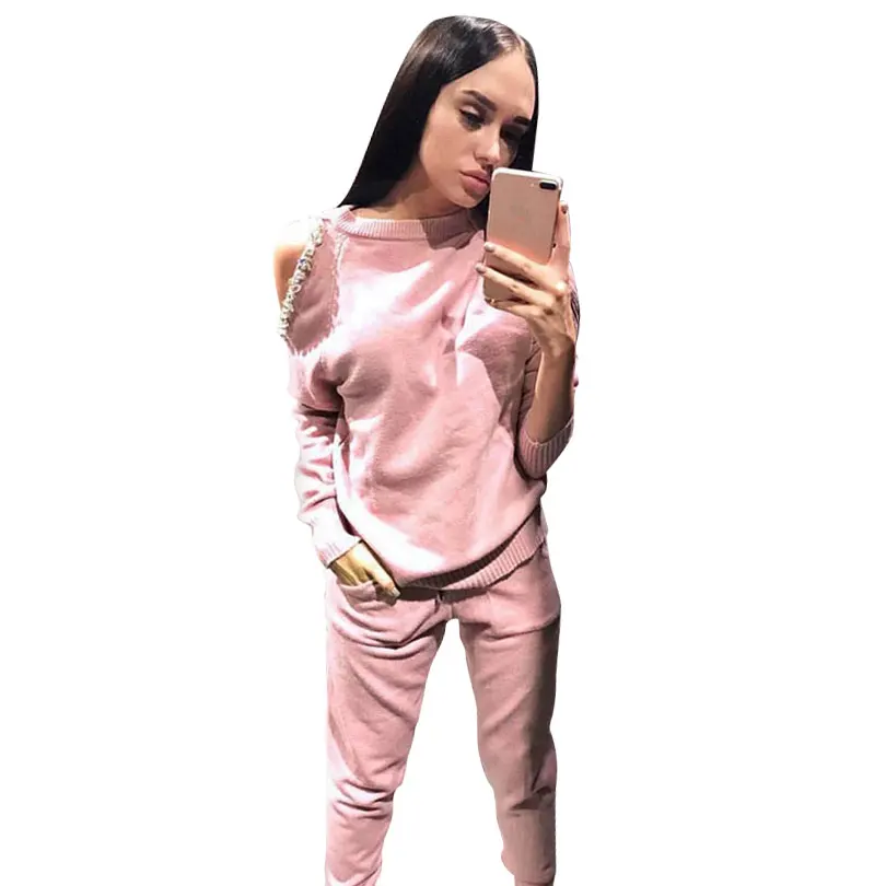  MVGIRLRU sweater suits diamond knitted suit open shoulder sleeve jumper tops and pants womens two p