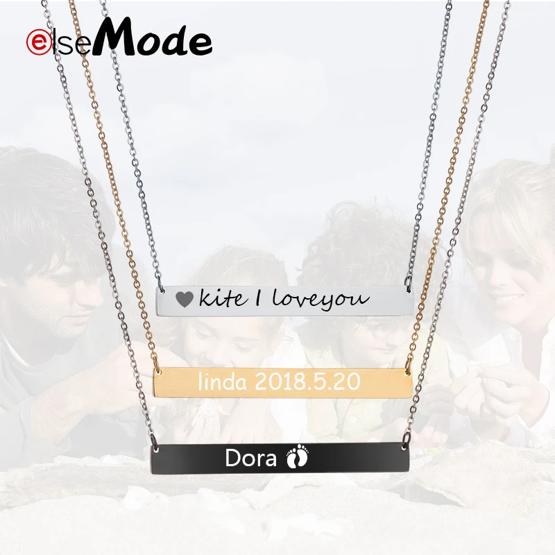 

ELSEMODE Family Love Bar Necklace Engraved Stainless Steel Personalized Name Necklace Nameplate - Custom Made with Any Name