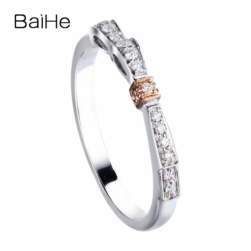 

BAIHE Solid 14K White Gold 0.12ct H/SI Natural Diamond Bowknot Ring Women everyday wear Trendy Fine Jewelry Making Anel Laço