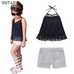 OUTAD/комплект из 2 шт./компл., модная дизайнерская одежда для девочек, хлопковый комплект, без рукавов, с v-образным вырезом, черный топ на