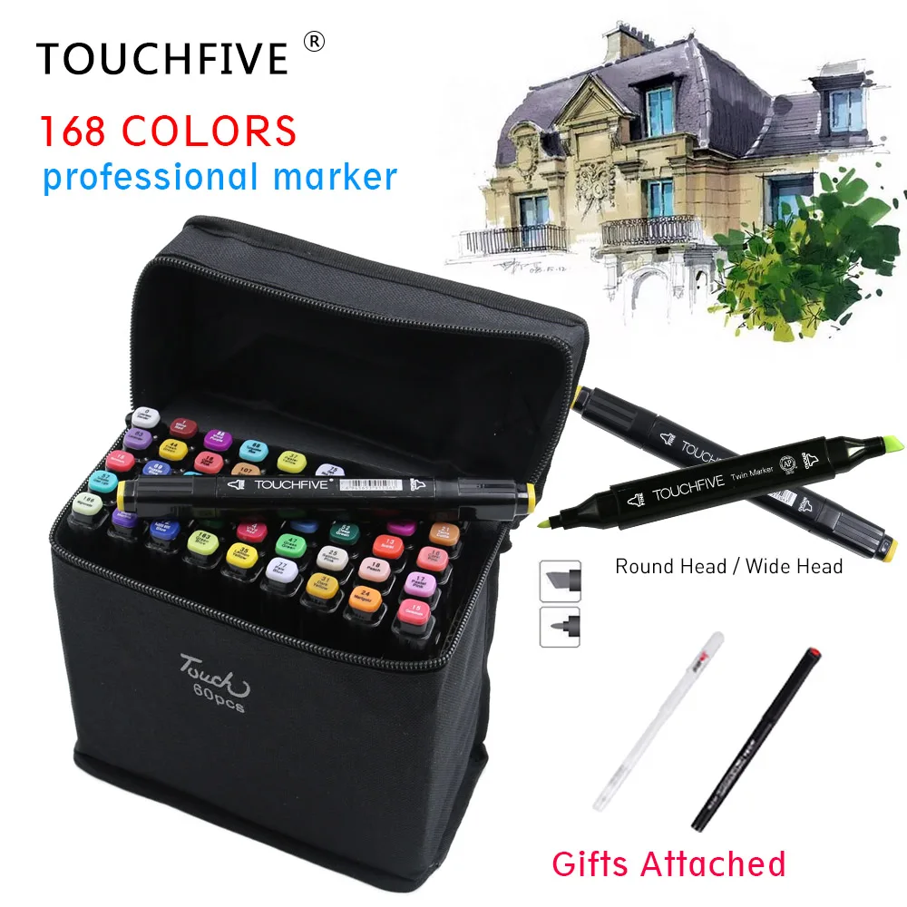 

Touchfive 30/40/60/80/168Colors Pen Marker Set Dual Head Sketch Markers Brush Pen For Draw Manga Animation Design Art Supplies