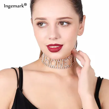 

Luxury Rhinestone Choker Necklace Letter Nacklace for Women Maxi Chain Necklace jewelry 2018 Girlfriend Collares Collier femme