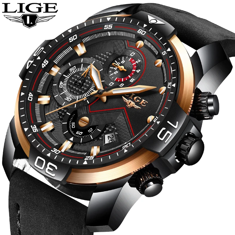 

2019 LIGE Men's Watches Top Luxury Brand Analog Quartz Leather Date Watch Sport Military Waterproof Clock Relogio Masculino+Box