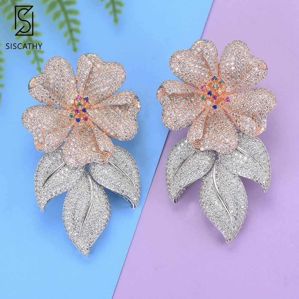 

34*63 mm Luxury Flower Leaf Earrings Cubic Zirconia Bridal Dangle Drop Earrings For Wedding Party acero inoxidable joyeria mujer