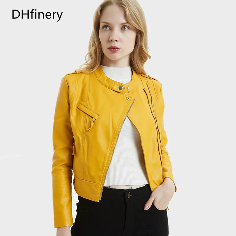 DHfinery/Высококачественная кожаная куртка для женщин; сезон весна-осень; короткие тонкие желтые и черные мотоциклетные куртки из мягкой