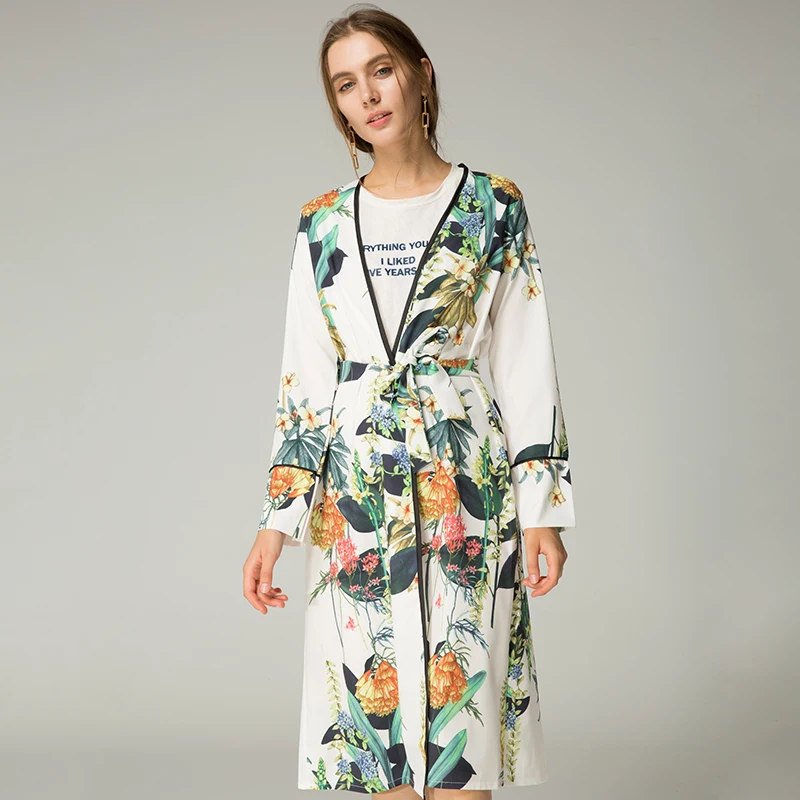 Блузка рубашка Женская Кимоно Кардиган Женская одежда Мода цветочный принт блузки пояса рубашки рукав длинный шифоновый топ
