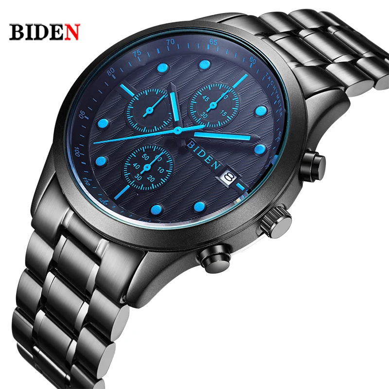 

Luxury Brand BIDEN Business Men's Quartz Watch 3 Time Zone Full Steel Blackstrap Clock Chronograph men watch relogio masculino