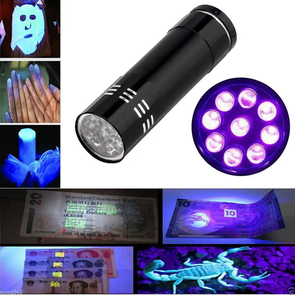 Супер мини алюминиевый УФ-светильник фонарь 9 светодиодный светильник-Вспышка черный ультрафиолетовый светильник светодиодный светильник с подсветкой светильник-вспышка Новинка