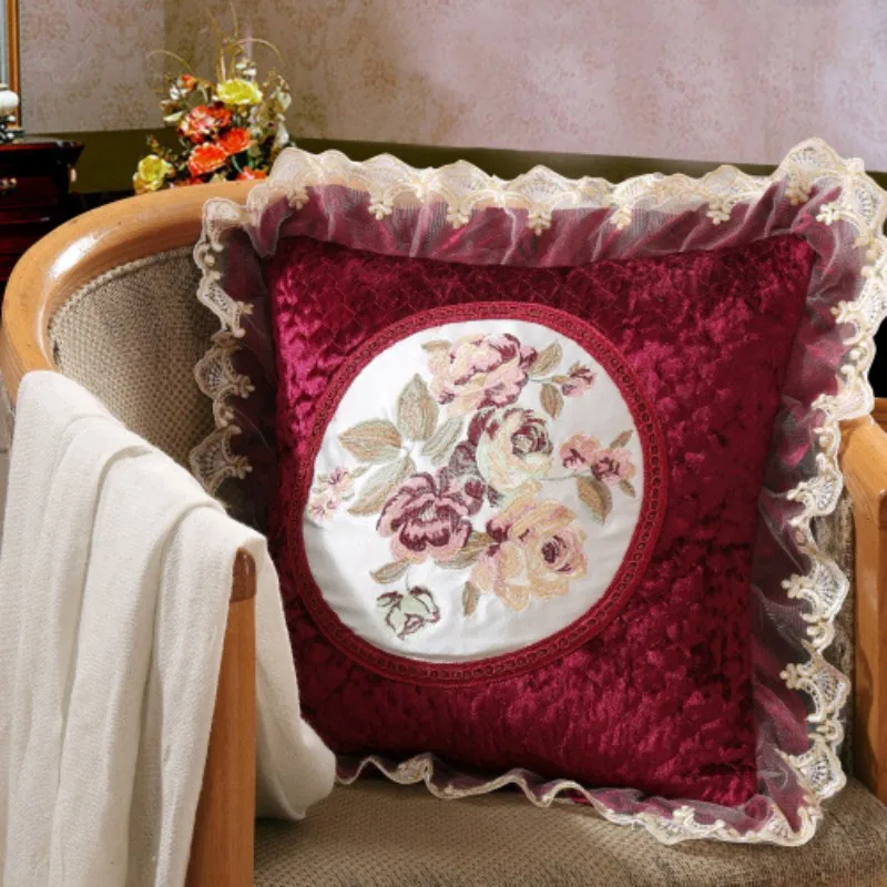 

Cushion Cover Court Floral Embroidered Lace Edge Covers CC082 Square Sofa Backrest Cushion Home Decorative Pillows For Rest