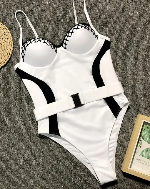 Underwire Push Up One piece Swimsuit Belt Bikini Black white Monokini