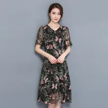 Floral Chiffon Dress Women’s Summer 2017 Thin V-neck Slim Waist Elegant Casual Loose Female Print Pleated Dresses Knee-length