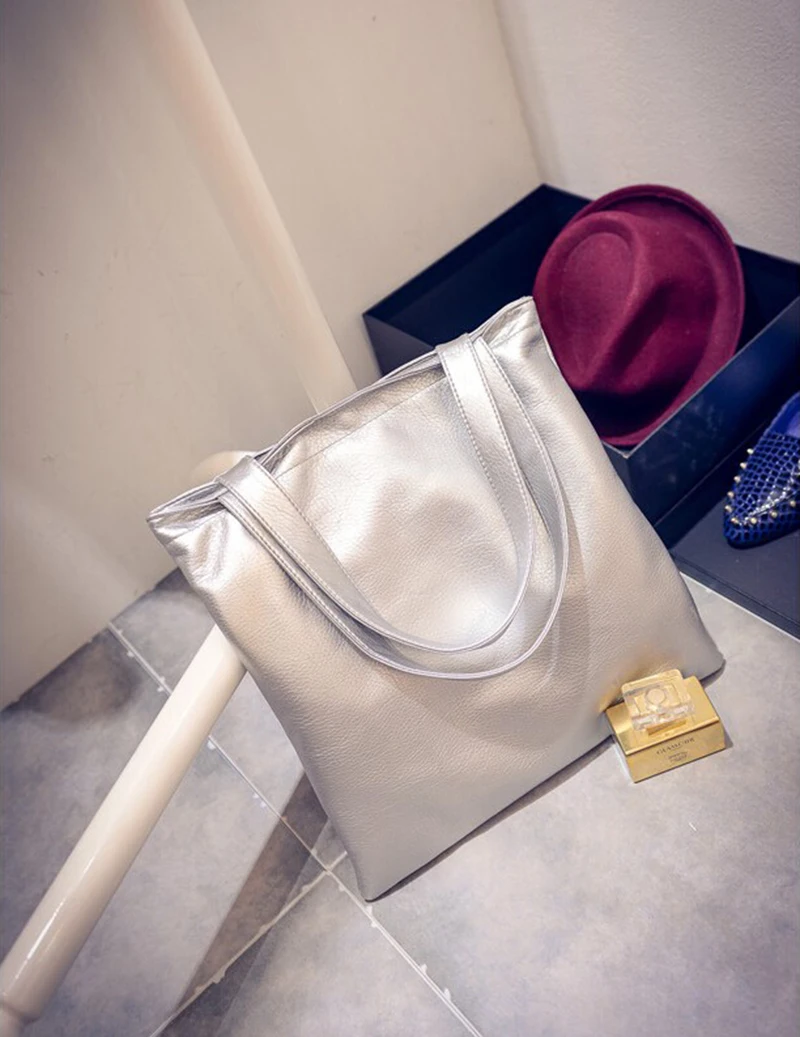 Модная новинка ретро большая сумка для покупок серебристого и золотого цвета, женские сумки из полированной кожи, женская сумка через плечо