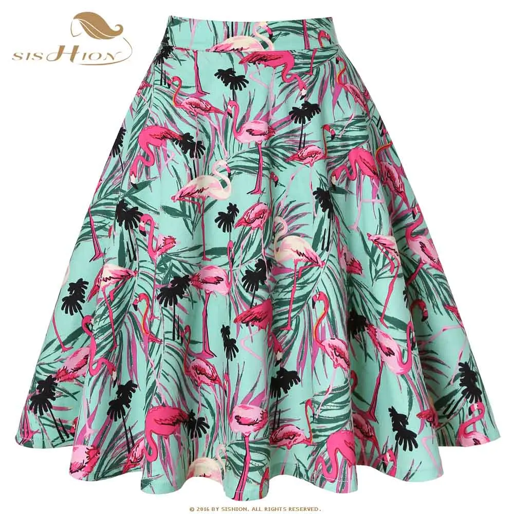 SISHION Лето Фламинго печати юбки для женщин хлопок для дамы Школа линия по колено высокая талия Зеленый Качели Винтаж юбка VD0020