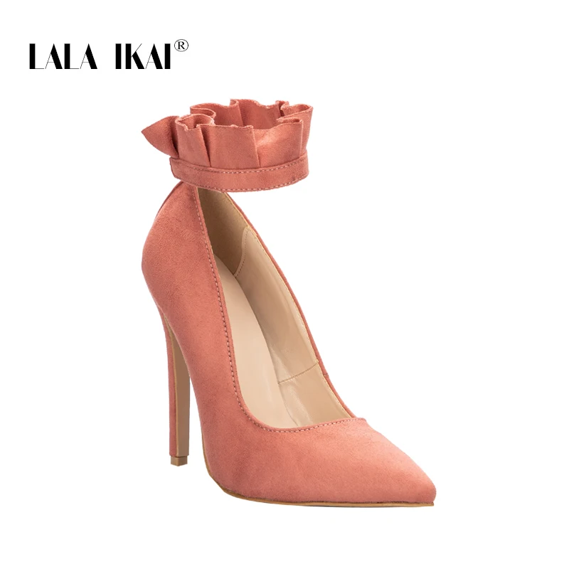 LALA IKAI Heels Pointed Toe Women Pumps Ruffles 12 CM Sexy High Heels Buckle Strap Party Shoes Wedding Shoes 014C1867 -49