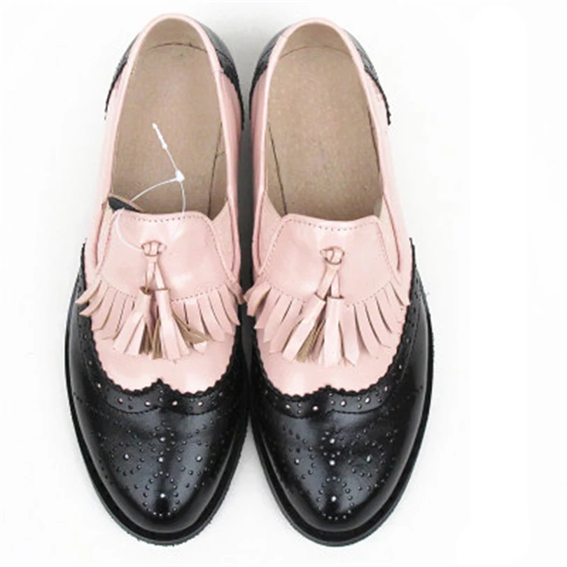 Женские туфли-оксфорды; сезон весна; лоферы из натуральной кожи для женщин; женские кроссовки; женские оксфорды с кисточками; тонкие туфли; коллекция года; Летняя обувь - Цвет: black pink