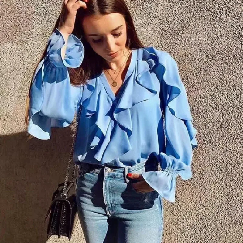 Online BBWM Mujer Za dulce azul Ruffled gasa blusa elegante Mujer cuello en V manga larga Linda chicas moda camisa Blusas Mujer