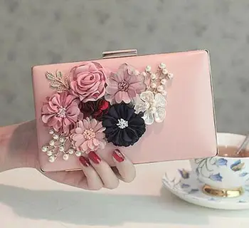 

2017 sweet pink pearl flower evening bag fashion day clutch women's handbag chain messenger bag small party purse