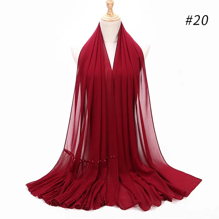with pearl color20 Длинный шарф в стиле пэчворк, популярный шифоновый шарф с пузырьками, хиджаб с жемчужной складкой, шарф с швом, мусульманские шарфы - Цвет: with pearl color20