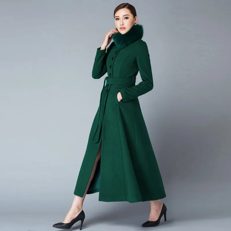 Зима лисий меховой воротник теплый шерстяной Пыльник пальто полный длинный Стенд воротник классическое пальто женское Шерстяное пальто длинная куртка для женщин - Цвет: green fur collar