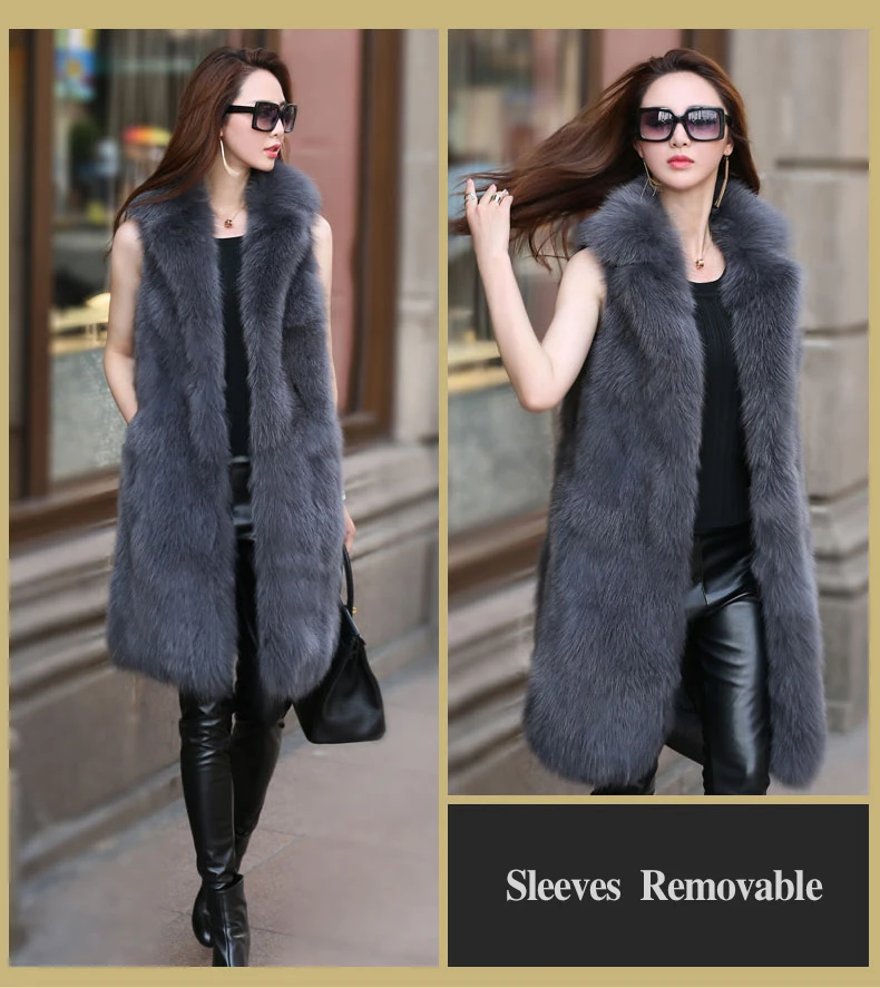 Women's Real Fur Coat Fox Fur with Removable Sleeves Down Filled Genuine Leather Coat gl0002