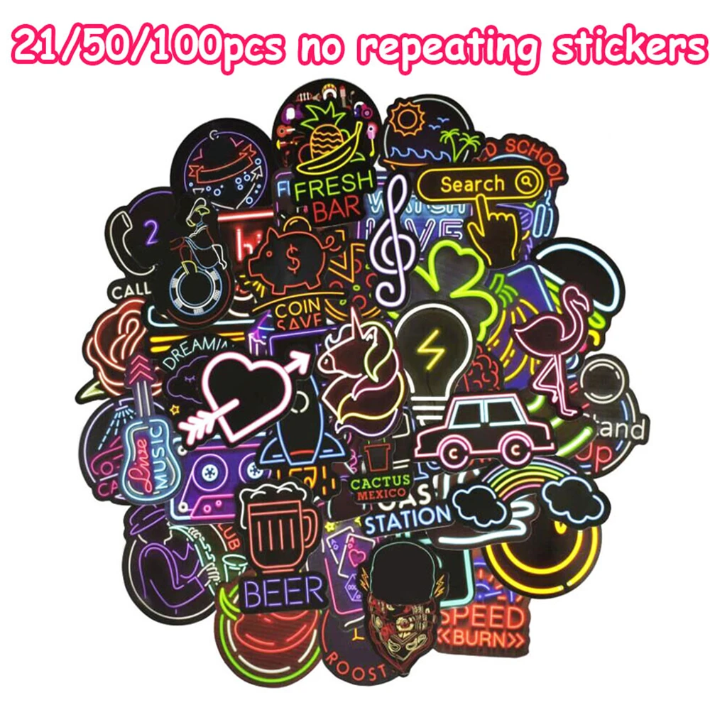 

21/50/100pcs no repeating Self Adhesive Stationery Luggage Decor Photo Laptop Suitcase Decor Neon light Guitar Motor Car Sticker