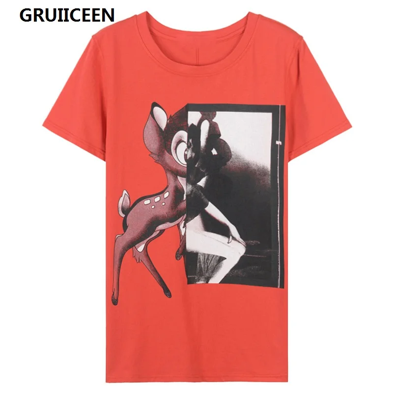 

GRUIICEEN 2018 Streetwear Fashion T shirt Long Style Deer Print O-neck Women Casual Slim Tees Tops cotton soft SG-0819454