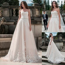 Стильный тюль возлюбленная декольте ТРАПЕЦИЕВИДНОЕ свадебное платье с кружевными аппликациями обнаженное свадебное платье с бисером створки