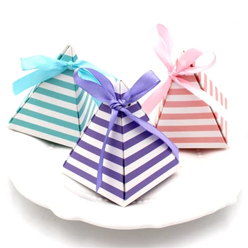 

50pcs Green Purple Pink Stripe Pyramid Shape Candy Box Ribbon Wedding Party Favor Gift Christmas New Year Decor Kids Baptism