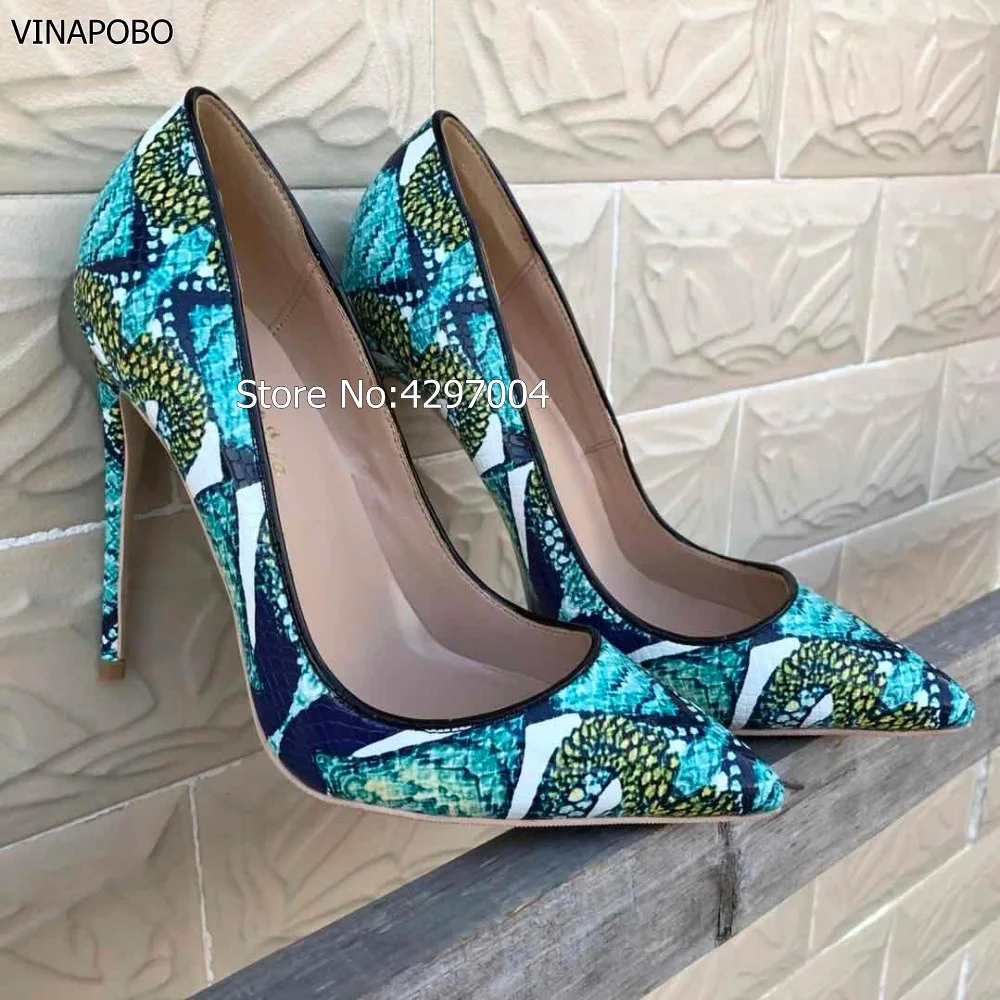 

Vinapobo 12cm/10cm/8cm 2018 New Snake Printing Women Shoes Pointed Toe Green High Heel Shoes Sexy Pumps Party Shoes Size 43