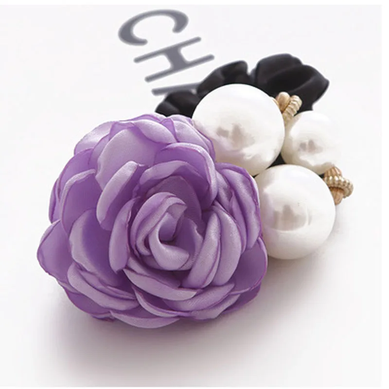 Модные женские ленты атласный цветок розы три жемчужный обруч хвост держатель волос - Цвет: purple