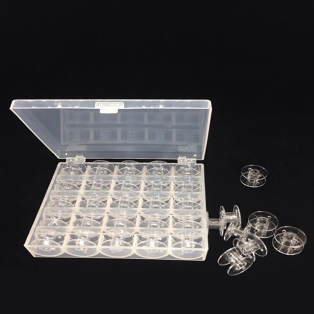 

Plastic Box with 25 pcs Transparent Empty Bobbins Sewing Machine Spools for Most Sewing Machine Tool