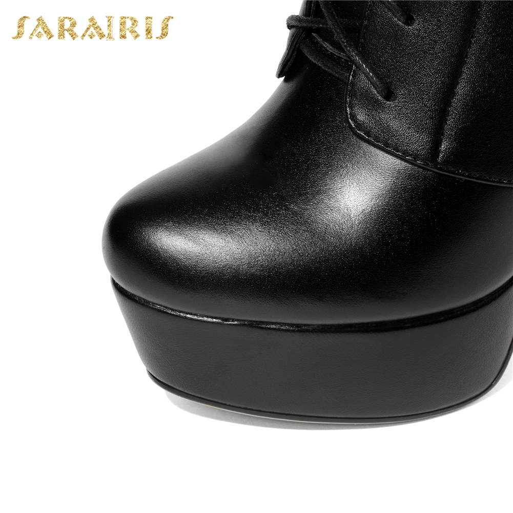 SARAIRIS genuine leather shoelaces plus size 34-43 platform women's Boots Women Shoes Spike High Heels Woman Shoes boots