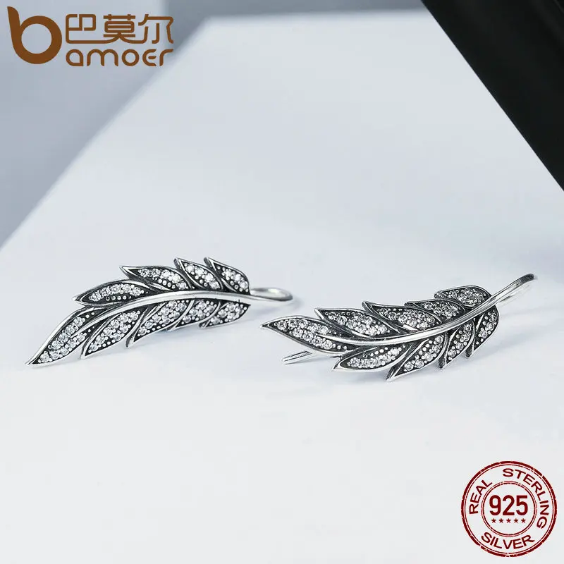 BAMOER Fashion 925 Sterling Silver Vintage Feather Wings Long Drop Earrings for Women Sterling Silver Jewelry Brincos SCE215