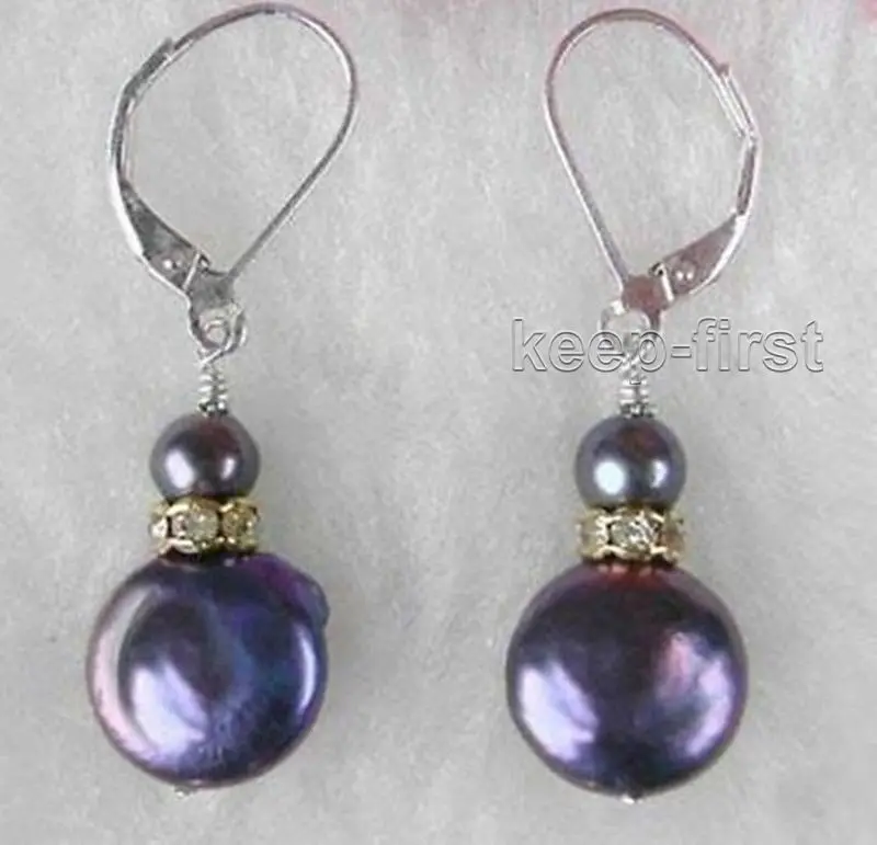 

Free shipping Charming Black Colorful Coin Freshwater Pearl Silver Hook Dangle Earrings 6.10