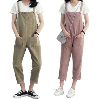 

Japan Style Soft Kawaii Lolita Jumpsuit Ankle Length Casual Loose Corduroy Suspenders Hip Hop Ripped Dancing Overalls