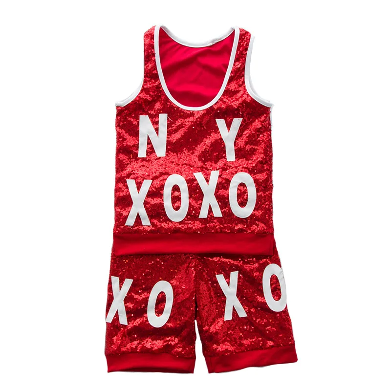 Tammy/ красный укороченный топ с блестками для девочек, шорты и куртка комплект из 3 предметов, детская одежда для джазовых танцев детские костюмы, комплект одежды для танцев в стиле хип-хоп - Цвет: boys 2pcs red