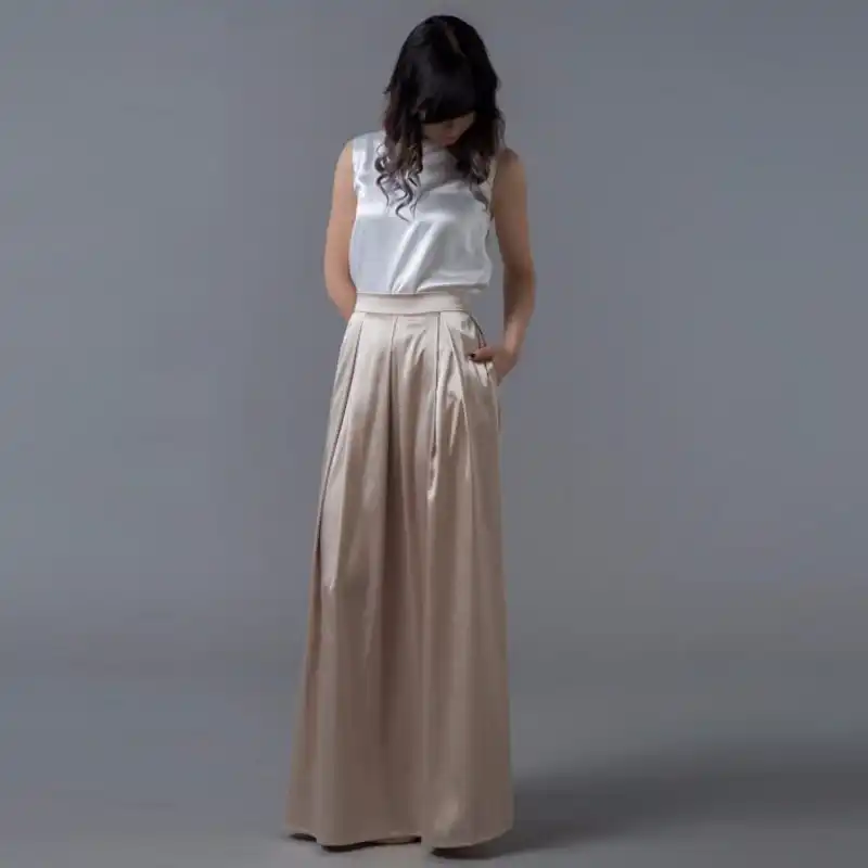 Champagne Satin Long Skirt With Pockets 2018 Smooth Pleated Maxi