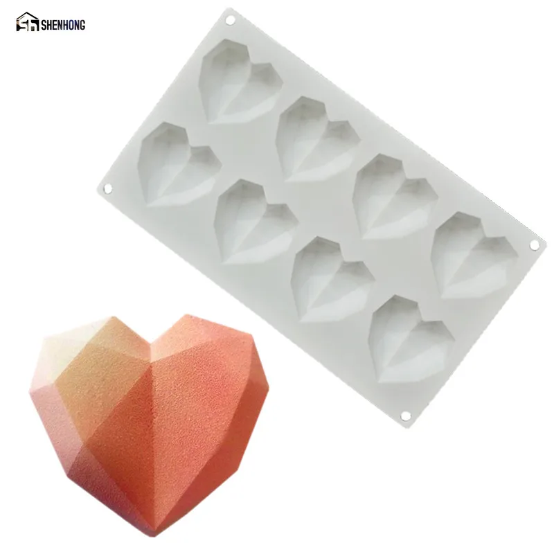 

SHENHONG 8 Holes 3D Heart Diamond Cake Moulds Mini Silicone Mold Ice Creams Chocolates Bakeware Geometric Moule Art Pastry Pan