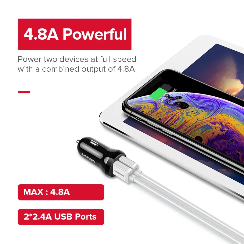 Ugreen شاحن سيارة USB صغير للجوال هاتف لوحي GPS 4.8A سريع شاحن سيارة-شاحن المزدوج USB سيارة مهايئ شاحن الهاتف في سيارة
